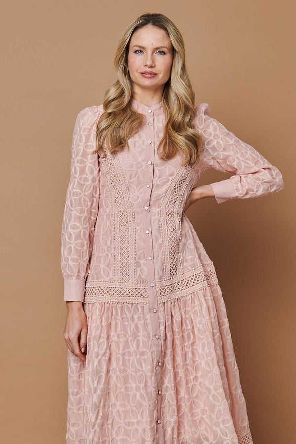 Pink | Embroidered Lace Long Sleeve Midi Dress