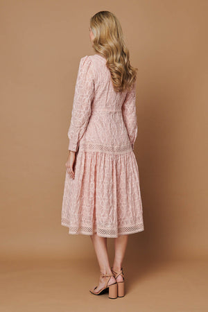 Pink | Embroidered Lace Long Sleeve Midi Dress