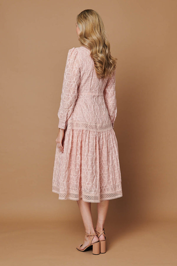 Pink | Embroidered Lace Long Sleeve Midi Dress