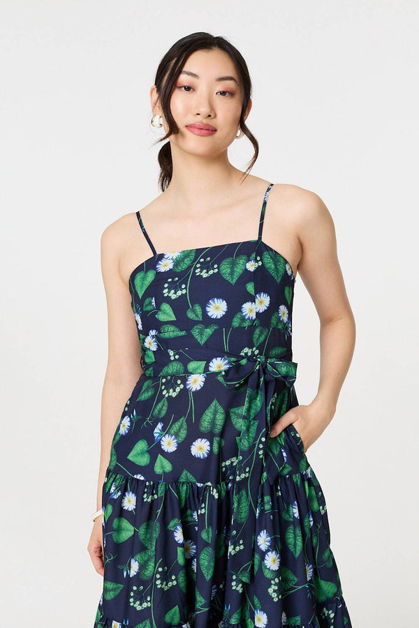Green | Floral Sleeveless Tie Waist Midi Dress
