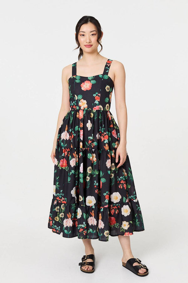 Black | Floral Sleeveless Skater Midi Dress
