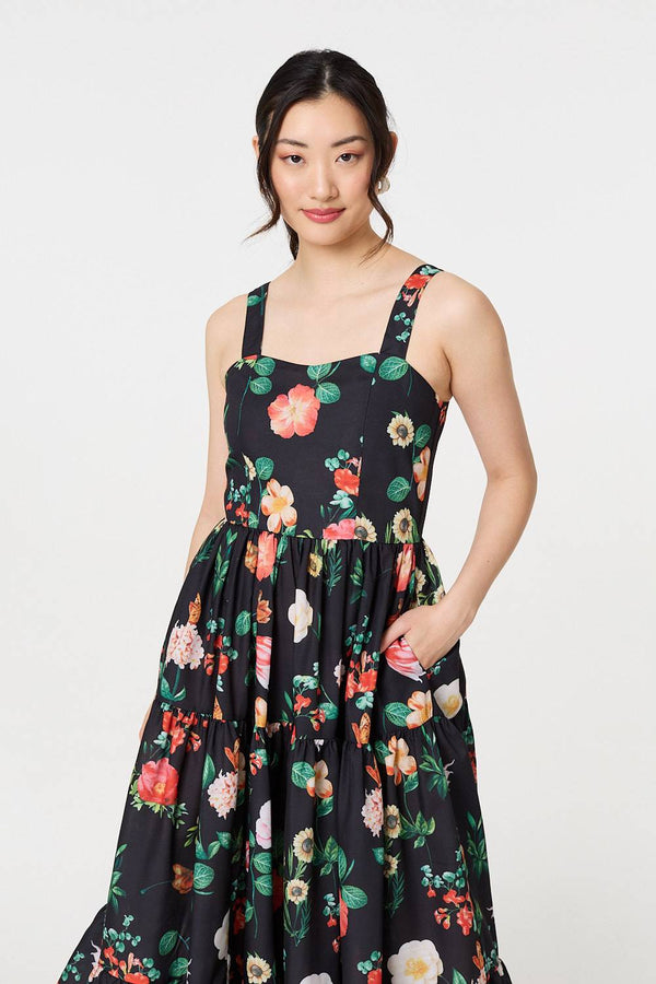 Black | Floral Sleeveless Skater Midi Dress
