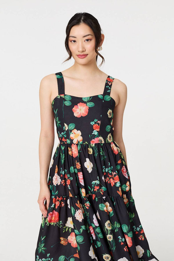 Black | Floral Sleeveless Skater Midi Dress

