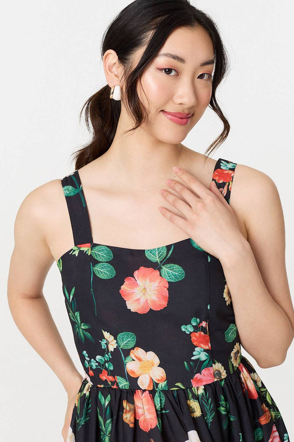 Black | Floral Sleeveless Skater Midi Dress
