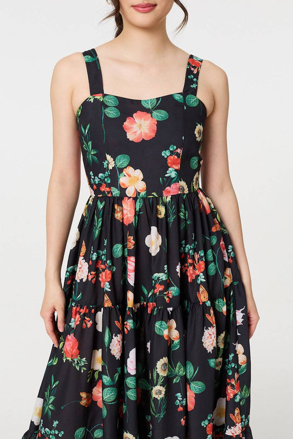 Black | Floral Sleeveless Skater Midi Dress

