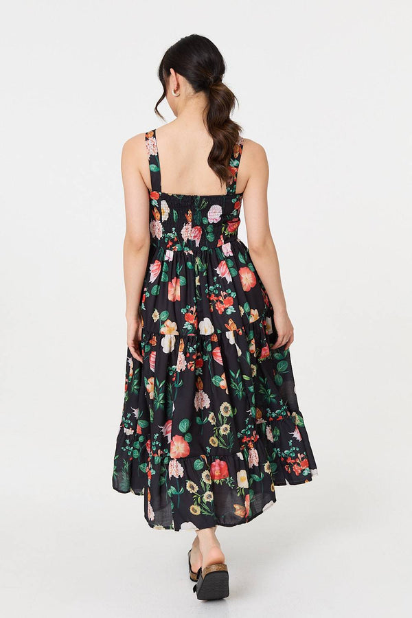 Black | Floral Sleeveless Skater Midi Dress
