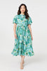 Green | Leaf Print Tie Waist Pleated Midi Dress
