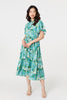 Green | Leaf Print Tie Waist Pleated Midi Dress
