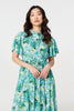 Green | Leaf Print Tie Waist Pleated Midi Dress
