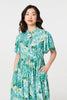 Green | Leaf Print Tie Waist Pleated Midi Dress
