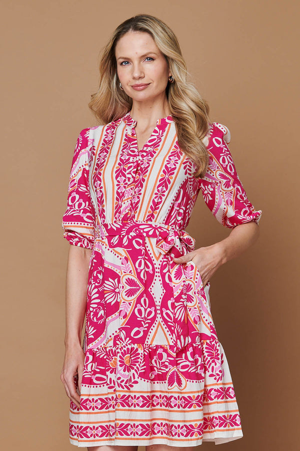Pink | Printed Tie Waist 3/4 Sleeve Short Dress