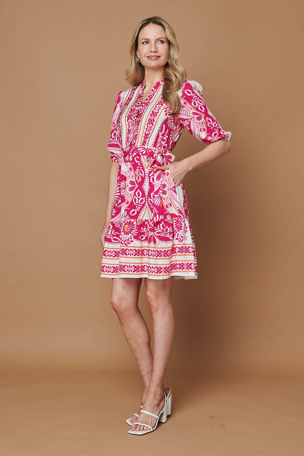 Pink | Printed Tie Waist 3/4 Sleeve Short Dress