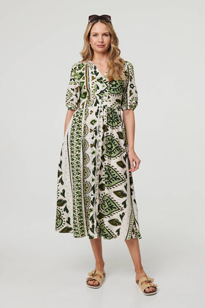 Green | Printed 1/2 Sleeve A-Line Midi Dress
