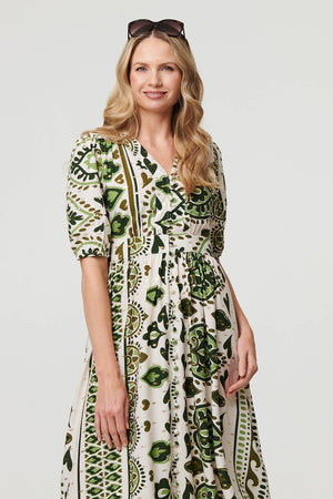 Green | Printed 1/2 Sleeve A-Line Midi Dress
