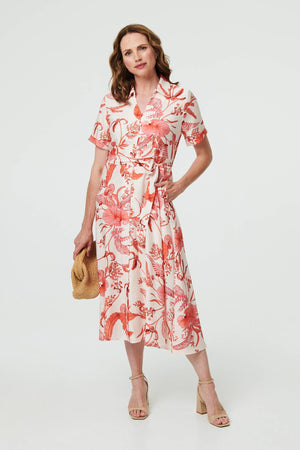 Pink | Printed Tie Waist Shirt Midi Dress

