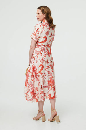 Pink | Printed Tie Waist Shirt Midi Dress
