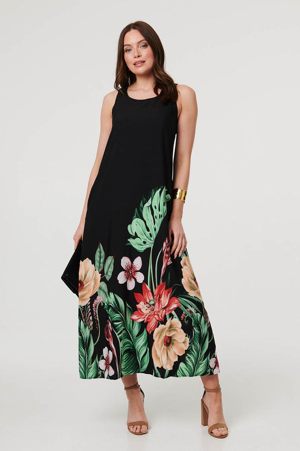 Black | Tropical Floral Sleeveless Midi Dress : Model is 5'9"/175 cm and wears UK8/EU36/US4/AUS8