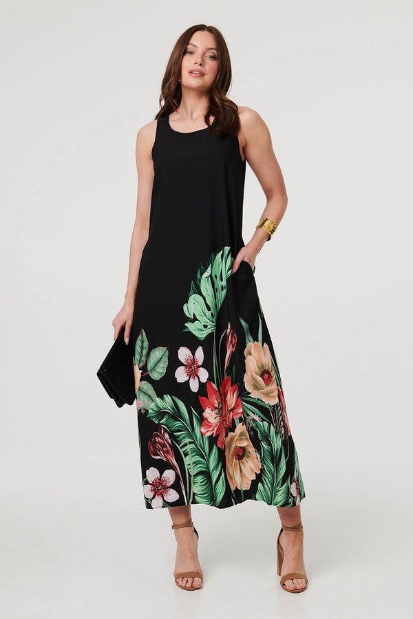 Black | Tropical Floral Sleeveless Midi Dress