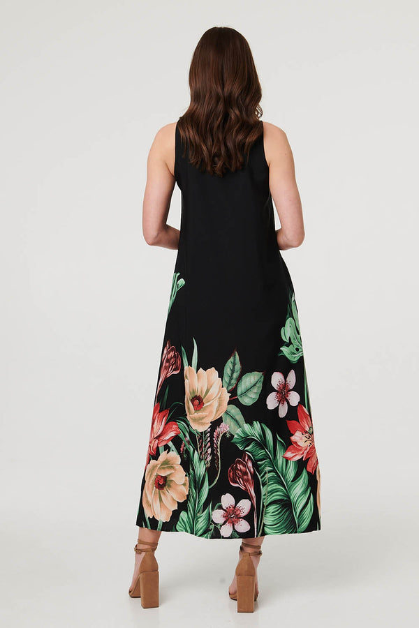 Black | Tropical Floral Sleeveless Midi Dress