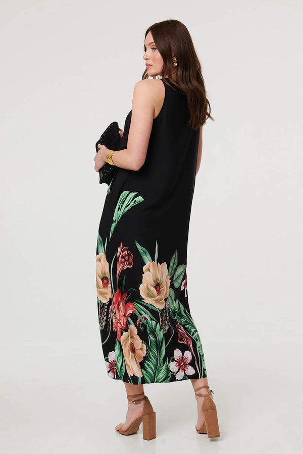 Black | Tropical Floral Sleeveless Midi Dress