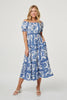 Navy | Floral Puff Sleeve Midi Bardot Dress
