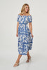 Navy | Floral Puff Sleeve Midi Bardot Dress
