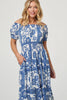 Navy | Floral Puff Sleeve Midi Bardot Dress
