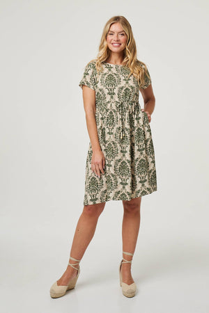 Green | Baroque Print Relaxed Knee Length Dress
