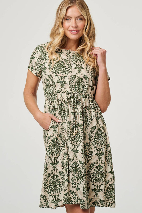Green | Baroque Print Relaxed Knee Length Dress
