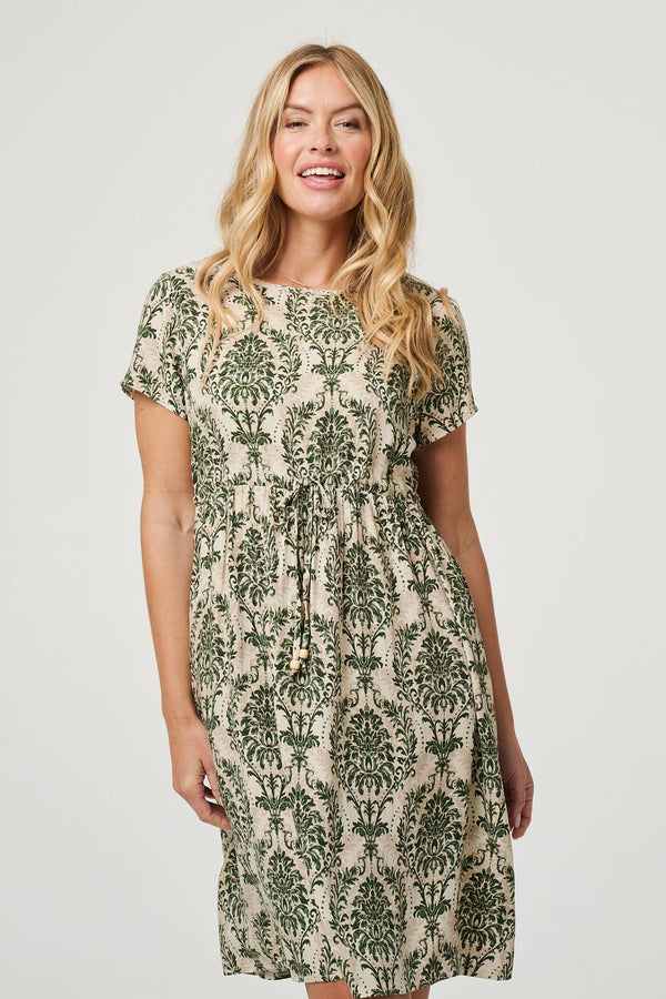 Green | Baroque Print Relaxed Knee Length Dress
