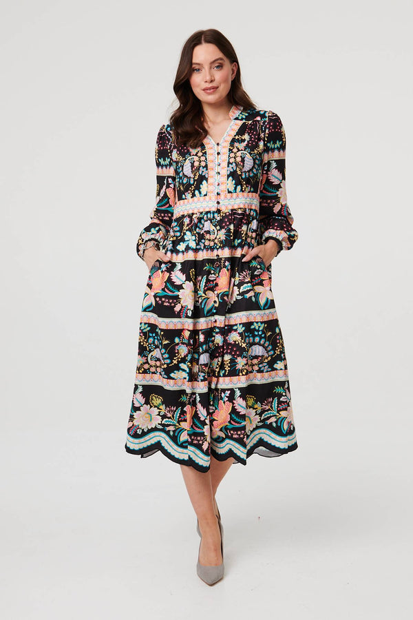 Black | Floral Long Sleeve Buttoned Midi Dress : Model is 5'9"/175 cm and wears UK8/EU36/US4/AUS8