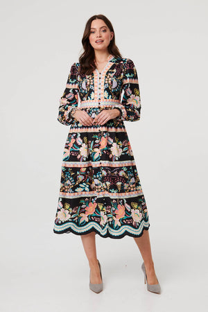 Black | Floral Long Sleeve Buttoned Midi Dress
