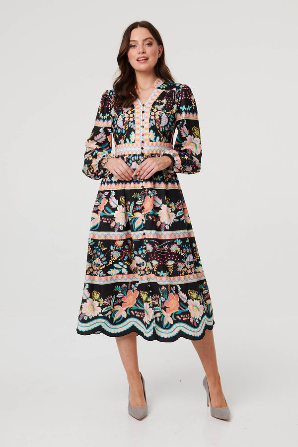 Black | Floral Long Sleeve Buttoned Midi Dress
