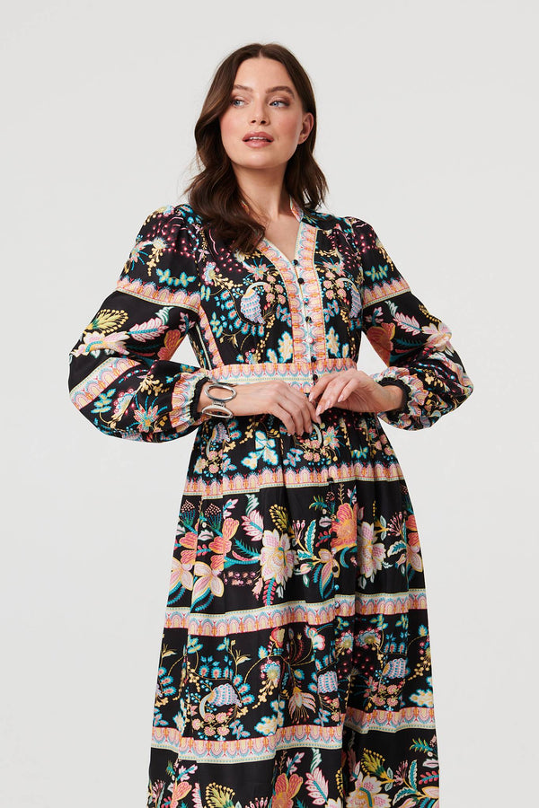 Black | Floral Long Sleeve Buttoned Midi Dress
