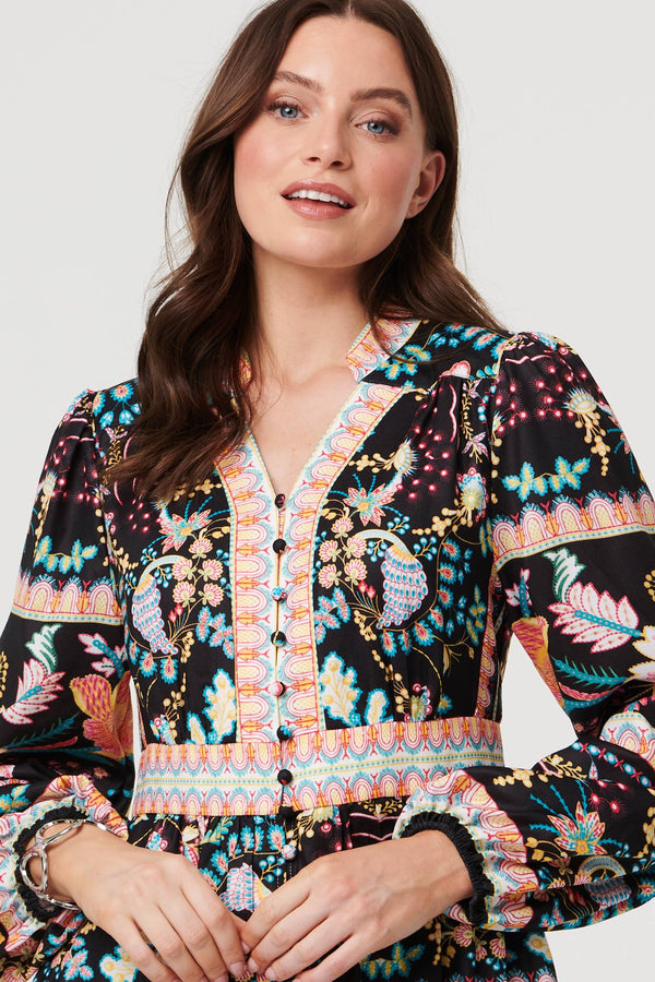 Black | Floral Long Sleeve Buttoned Midi Dress
