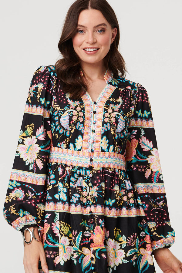 Black | Floral Long Sleeve Buttoned Midi Dress
