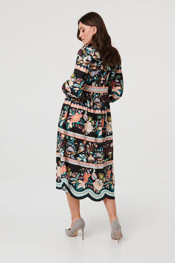 Black | Floral Long Sleeve Buttoned Midi Dress
