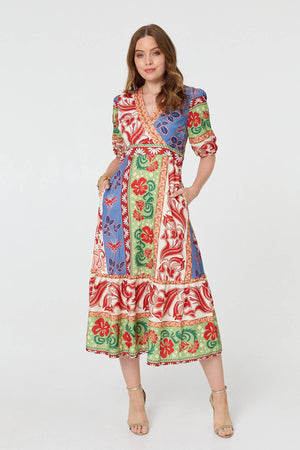 Orange | Printed 1/2 Sleeve V-Neck Midi Dress
