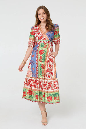 Orange | Printed 1/2 Sleeve V-Neck Midi Dress
