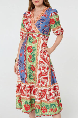 Orange | Printed 1/2 Sleeve V-Neck Midi Dress

