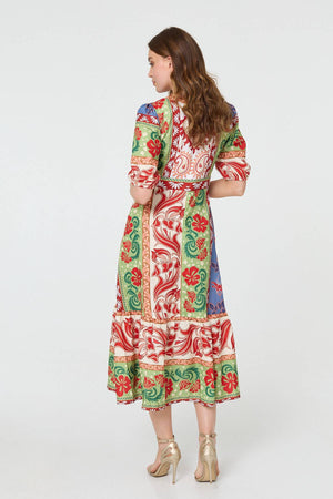Orange | Printed 1/2 Sleeve V-Neck Midi Dress
