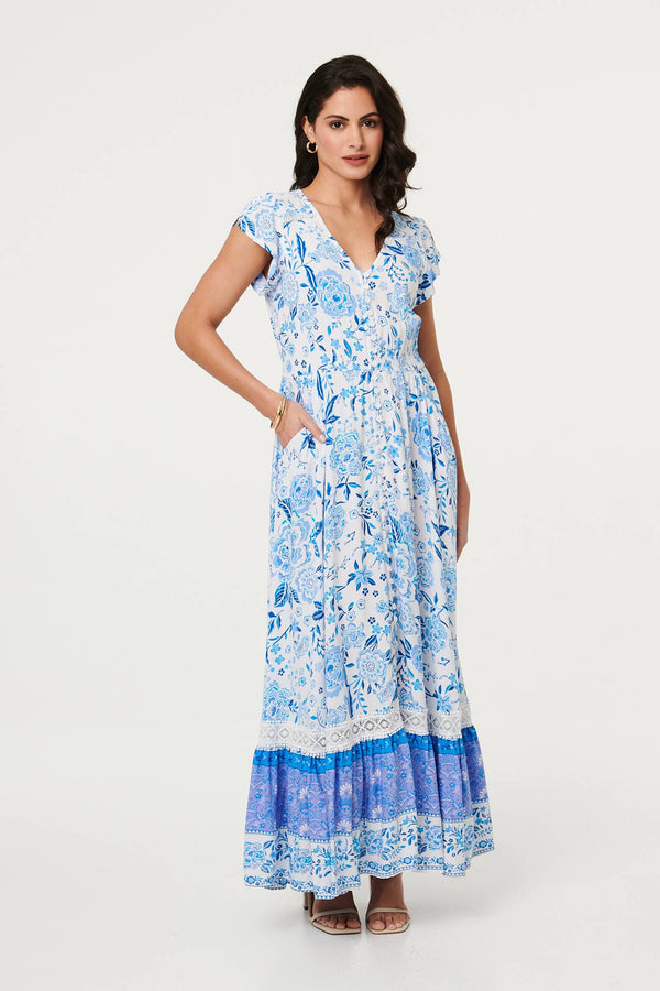 Blue | Floral Border Cap Sleeve Maxi Dress
