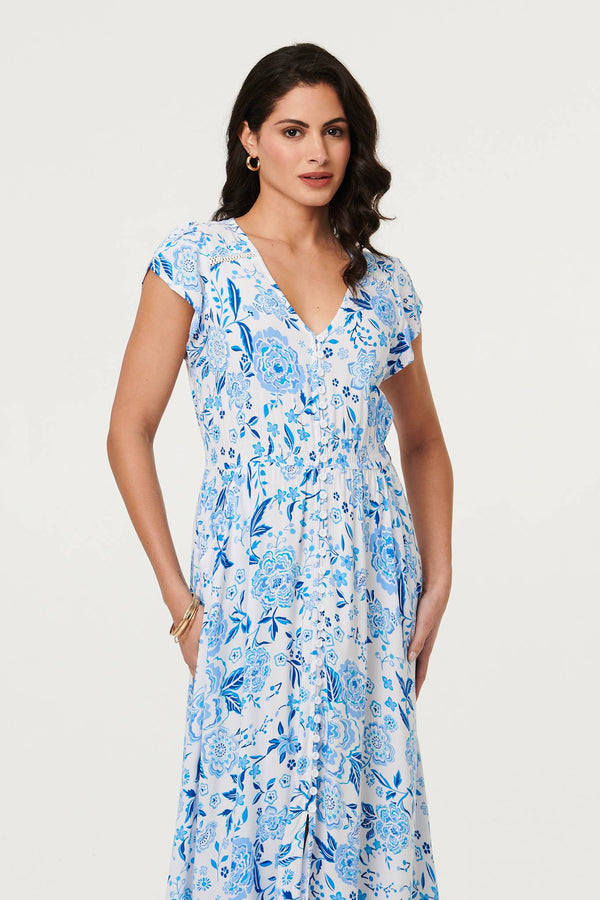 Blue | Floral Border Cap Sleeve Maxi Dress
