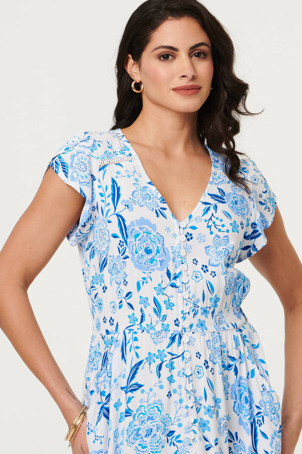Blue | Floral Border Cap Sleeve Maxi Dress
