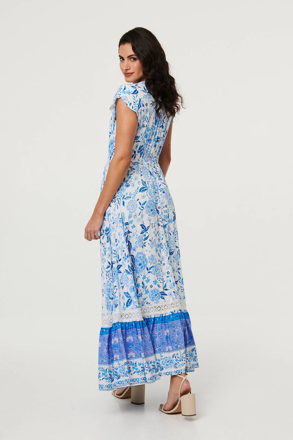 Blue | Floral Border Cap Sleeve Maxi Dress

