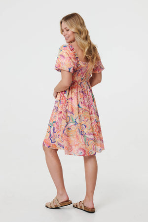 Orange | Abstract Ruched Empire Knee Length Dress
