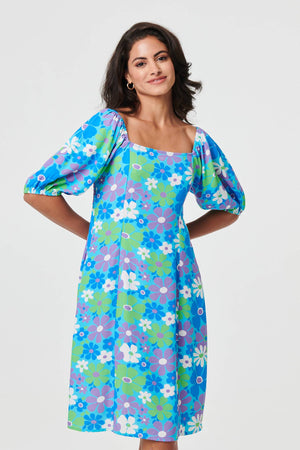 Green | Floral Square Neck Knee Length Dress

