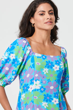 Green | Floral Square Neck Knee Length Dress
