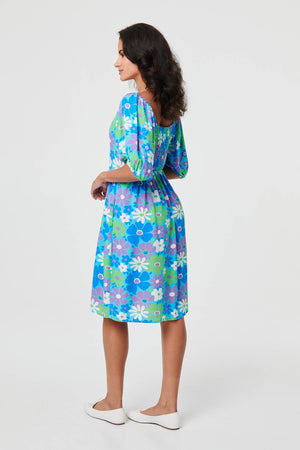 Green | Floral Square Neck Knee Length Dress
