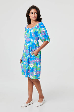 Green | Floral Square Neck Knee Length Dress
